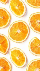 Fototapeta premium Slices of orange on white background. Flat lay, top view 
