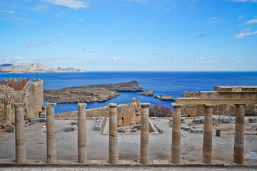 Ancient Ruins of Lindos on Rhodes with Panorama of the Mediterranean Sea