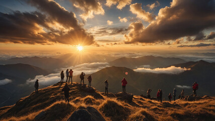 Group enjoying breathtaking sunrise over mountains with striking cloud formations above horizon.