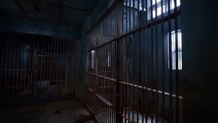 Rusting bars of an abandoned prison cellblock with decaying walls - Powered by Adobe