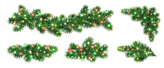 Christmas tree branches. Holiday fir tree divider decoration. Winter season borders, realistic spruce twigs with glowing Christmas lights. Transparent background in vector file.