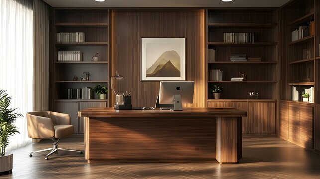 33. A polished wooden desk in an organized office space