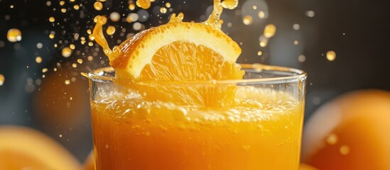 A refreshing glass of orange juice with an orange slice splashing into it.