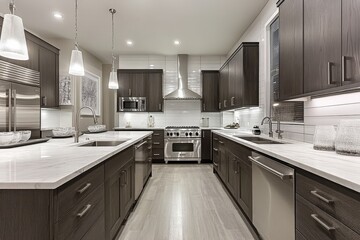 The cabinets in this gray kitchen have a flat front design in dark gray