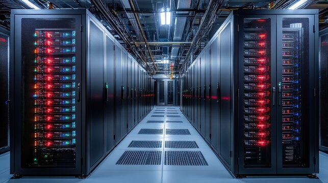 Rows of servers with flashing lights in a modern data center.