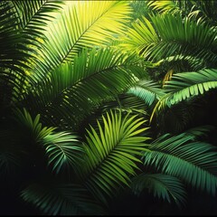 Sun Shining Through Lush Green Tropical Rainforest Canopy, Palm Tree Leaves, Jungle Greenery