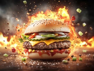 Delicious Frozen Burger with Fiery Background