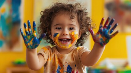 Smiling child covered in colorful paint.