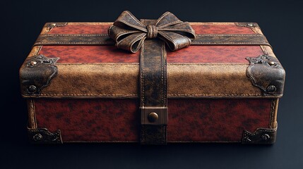 Vintage Leather Gift Box with Bow on Dark Background