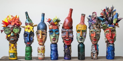 Fototapeta premium Colorful bottle sculptures with human faces.