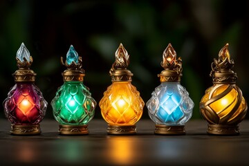 Magical gas bottles glowing with enchanted liquid, being sold at a forest market