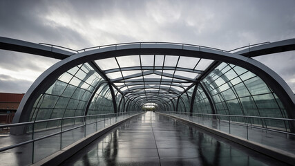 Steel and glass pedestrian bridge with modern architectural design and enclosed tunnel structure.