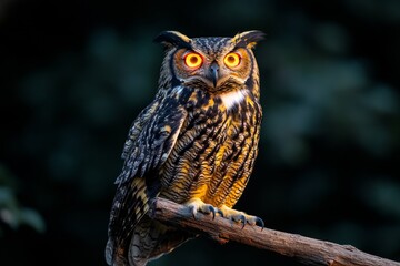 Fototapeta premium Majestic owl with glowing amber eyes, sitting on a branch under the moonlight