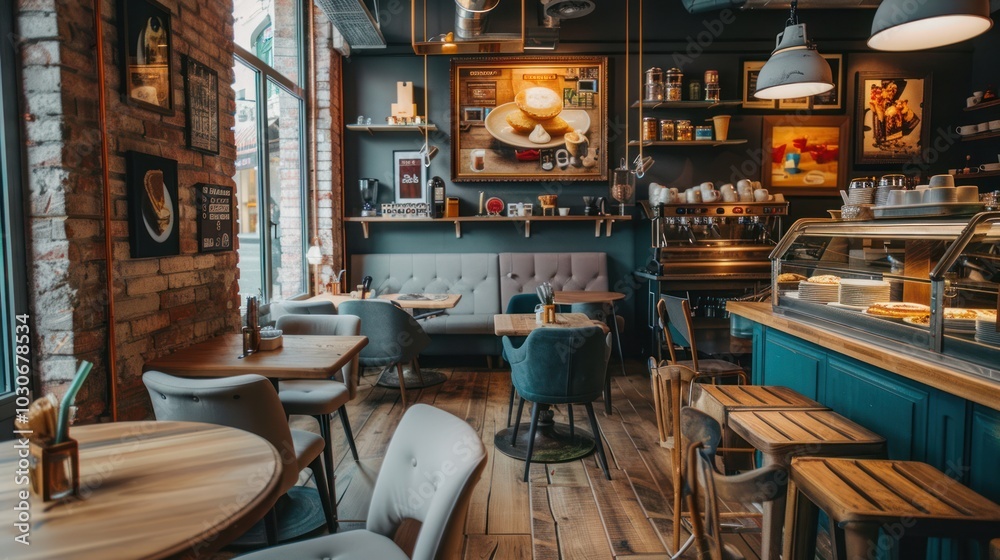 Poster Cozy Cafe Interior with Brick Wall and Rustic Decor