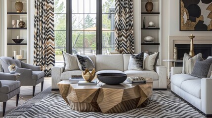 A contemporary living room with a focus on geometric shapes and patterns. From the chevron patterned curtains to the hexagonal coffee table and the triangular wall shelves this space