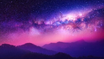 Naklejka premium Stunning Milky Way Panorama Over Mountain Silhouettes at Twilight with Hues of Purple and Pink. Dreamy Night Sky Scene for Cosmos Themed Artwork, Science Concepts, or Serene Landscape Projects