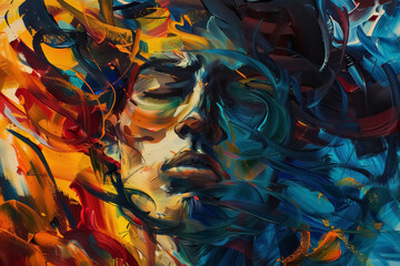 Abstract expressionist portrait with vibrant brushstrokes in dynamic colors