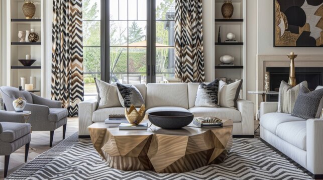 A contemporary living room with a focus on geometric shapes and patterns. From the chevron patterned curtains to the hexagonal coffee table and the triangular wall shelves this space