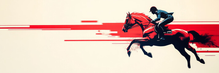 A jockey on a red horse leaps over a hurdle, racing towards the finish line.