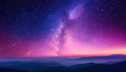 Fototapeta premium Stunning Milky Way Panorama Over Mountain Silhouettes at Twilight with Hues of Purple and Pink. Dreamy Night Sky Scene for Cosmos Themed Artwork, Science Concepts, or Serene Landscape Projects