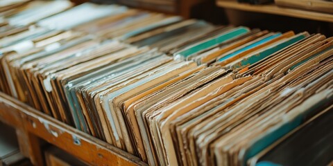 A shelf of worn, vintage records.