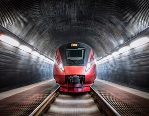 Ein rot-schwarzer Hochgeschwindigkeitszug während der Fahrt in einem Tunnel. Personennahverkehr.