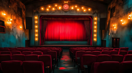 A vintage theater interior with red curtains and plush seating.