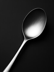 portrait of a spoon with highly sharp brushed steel texture, black background, studio photography, play of contrasting light to highlight the product, high resolution photography, minimalism, minimali