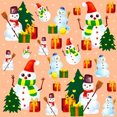 christmas seamless pattern, snowmans, gift, new year