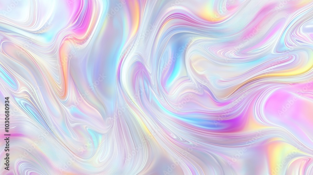 Poster A stunning abstract holographic background with flowing liquid marble patterns and soft pastel color waves. This fluid design creates a modern and elegant visual aesthetic, perfect for use in posters,