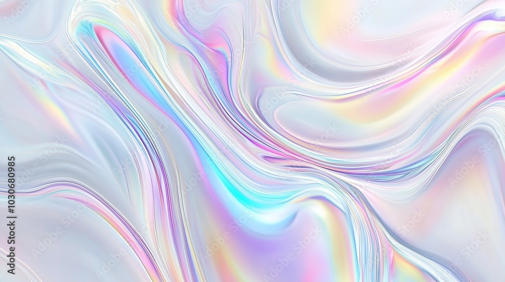 Poster A stunning abstract holographic background with flowing liquid marble patterns and soft pastel color waves. This fluid design creates a modern and elegant visual aesthetic, perfect for use in posters,