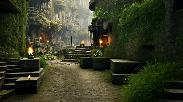 A cobblestone path winds through an ancient, overgrown city with stone walls and steps leading to a misty, unknown destination.