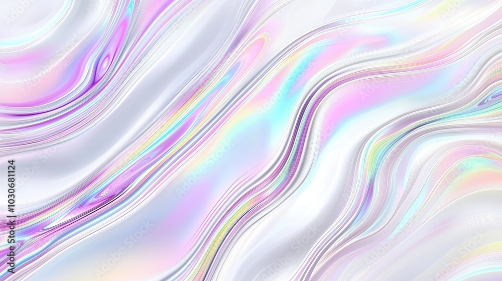 Poster A stunning abstract holographic background with flowing liquid marble patterns and soft pastel color waves. This fluid design creates a modern and elegant visual aesthetic, perfect for use in posters,
