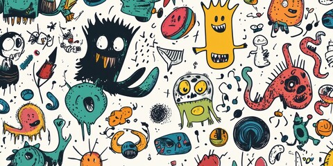 A whimsical pattern of colorful monsters.