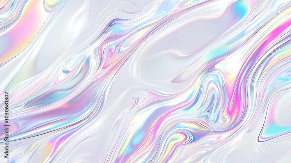 Poster A stunning abstract holographic background with flowing liquid marble patterns and soft pastel color waves. This fluid design creates a modern and elegant visual aesthetic, perfect for use in posters,