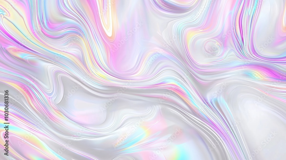 Poster A stunning abstract holographic background with flowing liquid marble patterns and soft pastel color waves. This fluid design creates a modern and elegant visual aesthetic, perfect for use in posters,