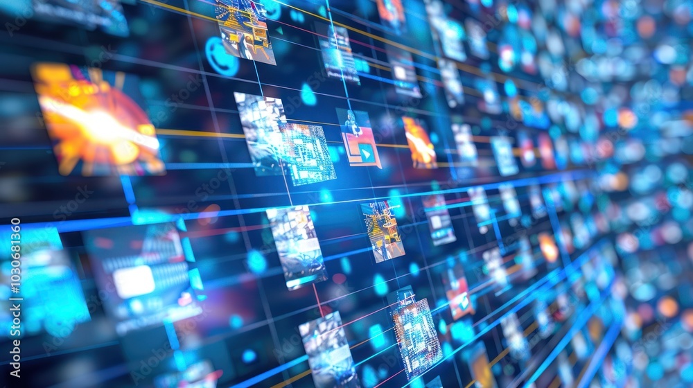Poster abstract digital network of interconnected data blocks