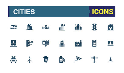 Set of solid web and ui icos for cities. Filled collection of smart sities, cloud computing, innovation business and transport glyph symbols. Pixel perfect icon pack.