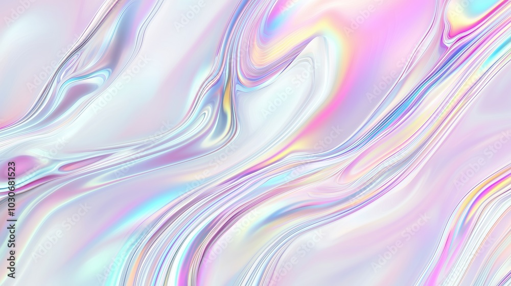 Poster A stunning abstract holographic background with flowing liquid marble patterns and soft pastel color waves. This fluid design creates a modern and elegant visual aesthetic, perfect for use in posters,