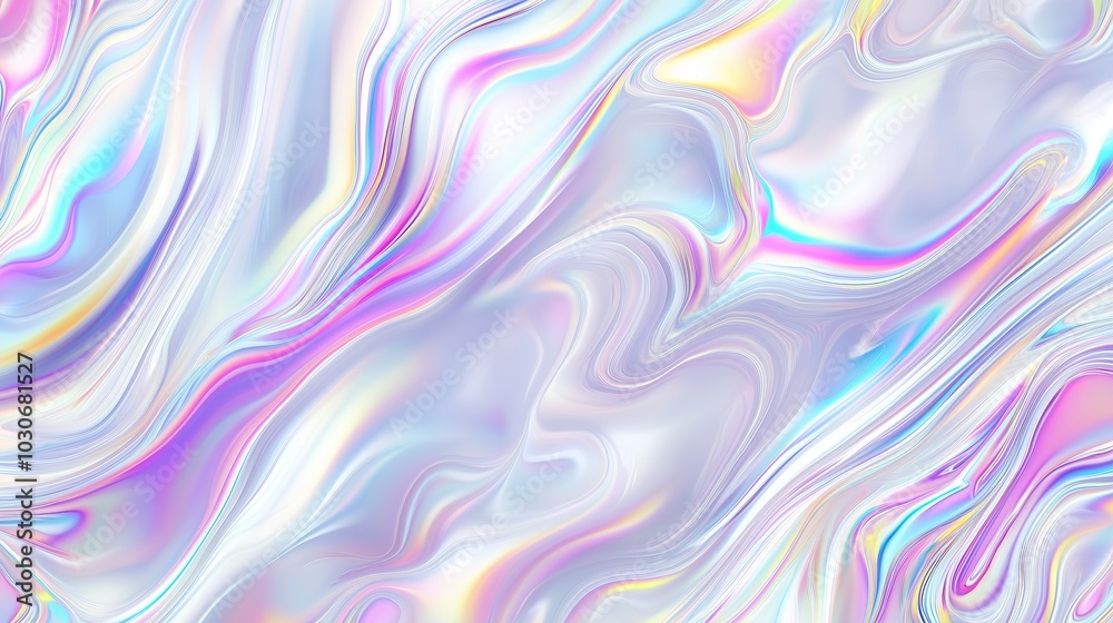 Poster A stunning abstract holographic background with flowing liquid marble patterns and soft pastel color waves. This fluid design creates a modern and elegant visual aesthetic, perfect for use in posters,