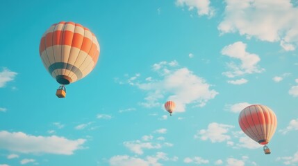 Fototapeta premium Three hot air balloons float in a blue sky.