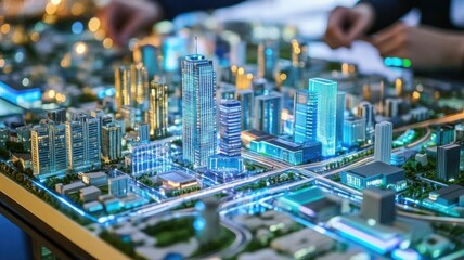Urban planners collaborating on a largescale city development project, using digital models and smart city technology to create sustainable and efficient designs