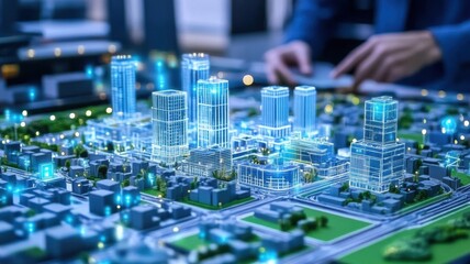 Urban planners collaborating on a largescale city development project, using digital models and smart city technology to create sustainable and efficient designs