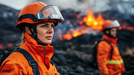A female volcanologist in protective gear standing near an active volcano taking measurements of molten lava her expression focused with a vast landscape of volcanic rock behind 