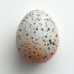 Speckled egg on white background showcasing unique pattern and texture.