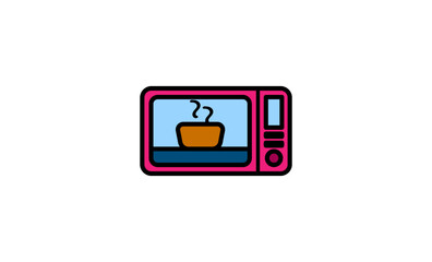 Naklejka premium Vector illustration of cartoon microwave oven with hot food inside