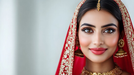 Beautiful Indian woman with bright eyes and a radiant smile wearing a vibrant red sari adorned with gold jewelry against a crisp white background 