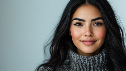 Naklejka premium Beautiful Native Alaskan woman with long dark hair and a gentle smile wearing a cozy knitted sweater standing confidently against a bright white background 