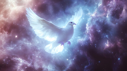 A serene white dove soaring through a colorful cosmic backdrop.