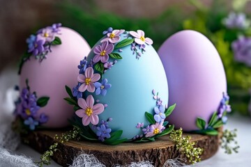 Fototapeta premium Pastel-colored egg shape with tiny floral accents